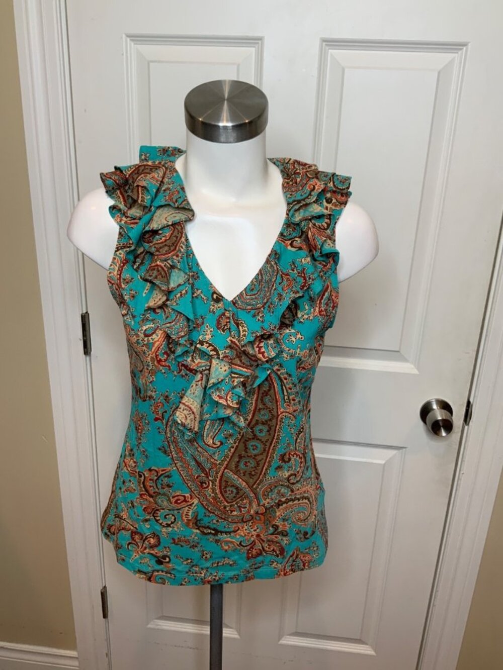Lauren Ralph Lauren Blue Paisley Ruffle Sleeveless Top, Size Small